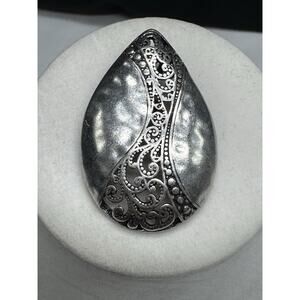Silver tone PENDANT for Necklace Hammered Metal & Lace Teardrop Shape unmarked